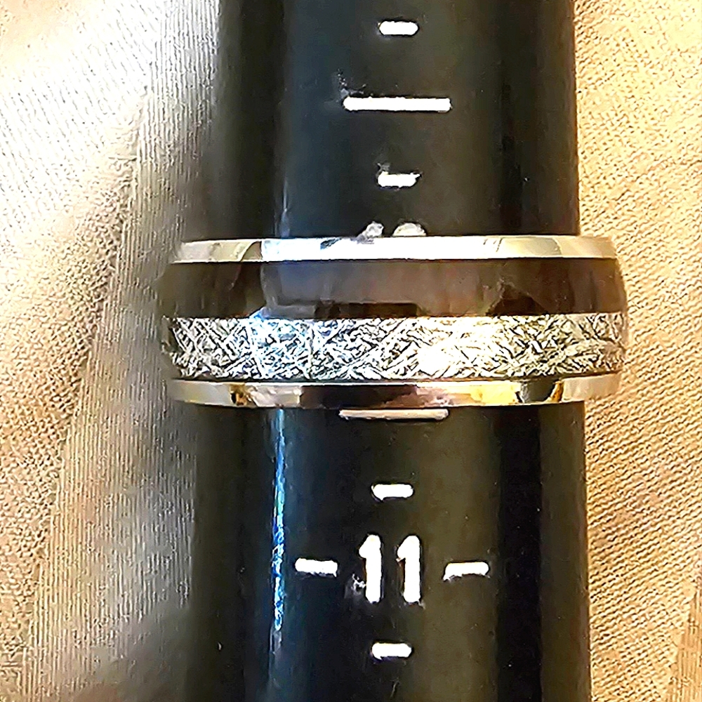 Sz 10 Ring Titanium Aged Whiskey Barrel Strip/Meteorite Dust,Silver Arrow Detail